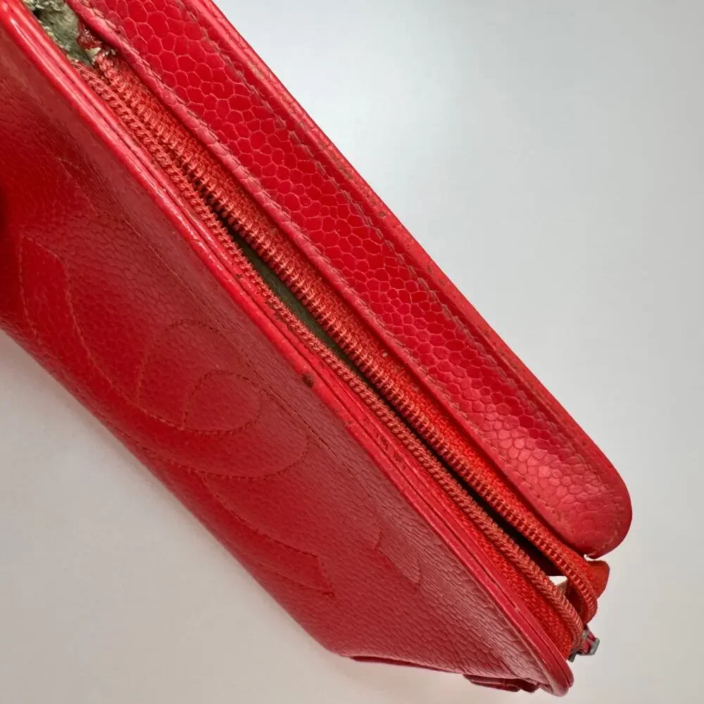 Vintage CHANEL Red Caviar Caviar Leather CC Top Zip Coin Change Card Wallet Bag